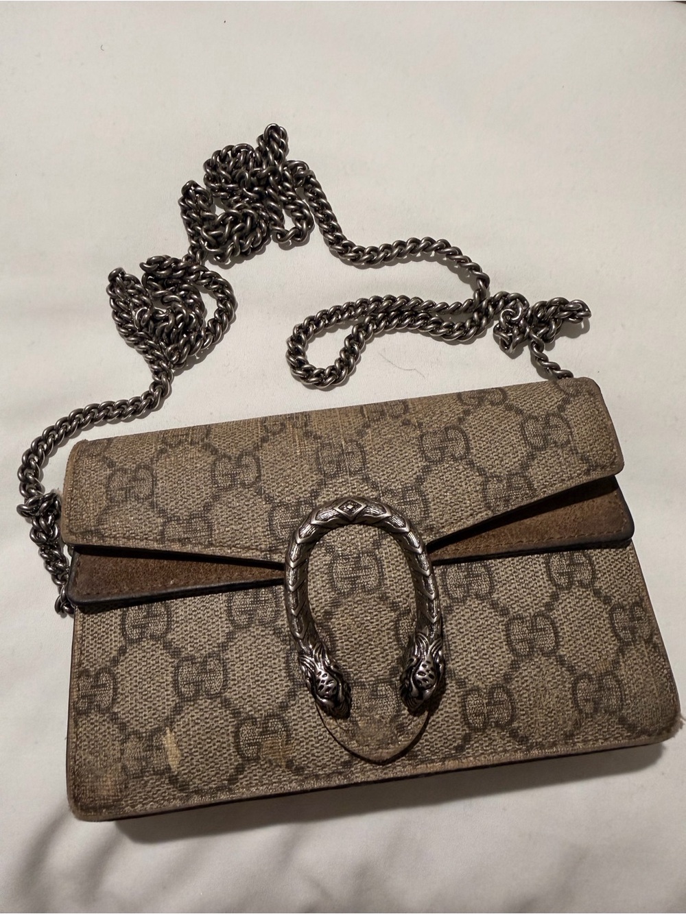 Gucci Tan GG Supreme Dionysus Crossbody Bag with Silver Hardware